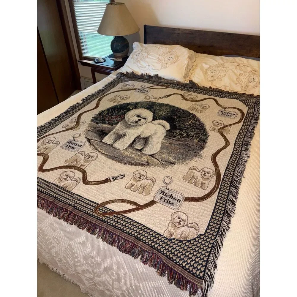 90s Vintage Woven Cotton Bichon Frise Tapestry Blanket by Pat Lehmkuhl
